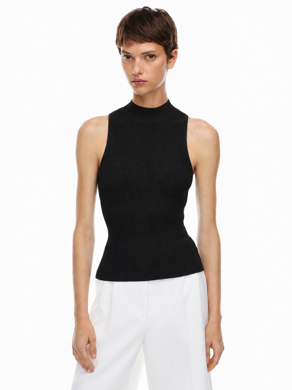 Aritzia Babaton Sculpt Knit Black Mock Neck Ribbed Tank Top - XS